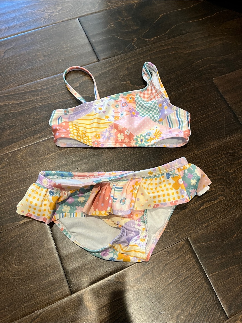 Girls' Pastel Patchwork Ruffle Two-Piece Swimsuit - Pink/Yellow